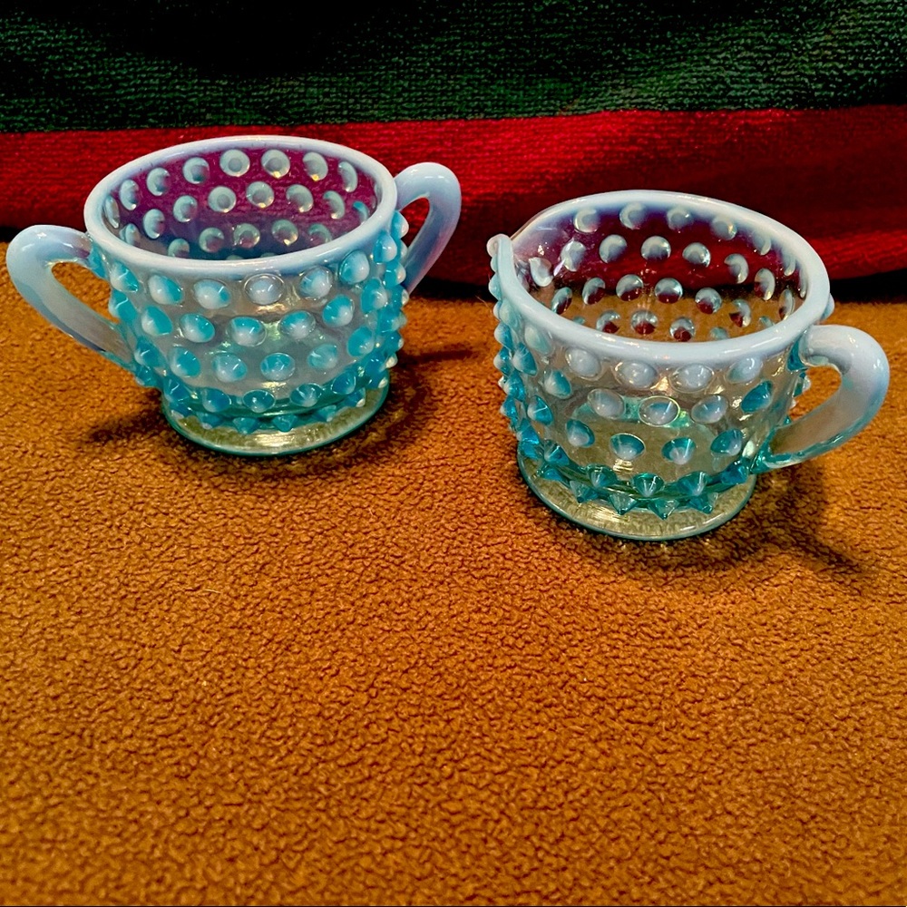 Vintage Fenton Opalescent Blue Hobnail Personal Creamer and Auger Set